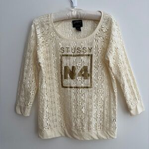 STUSSY No.4 Logo Gold Graphic Cream Lace Top 3/4 Sleeve Sheer Casual Streetwear